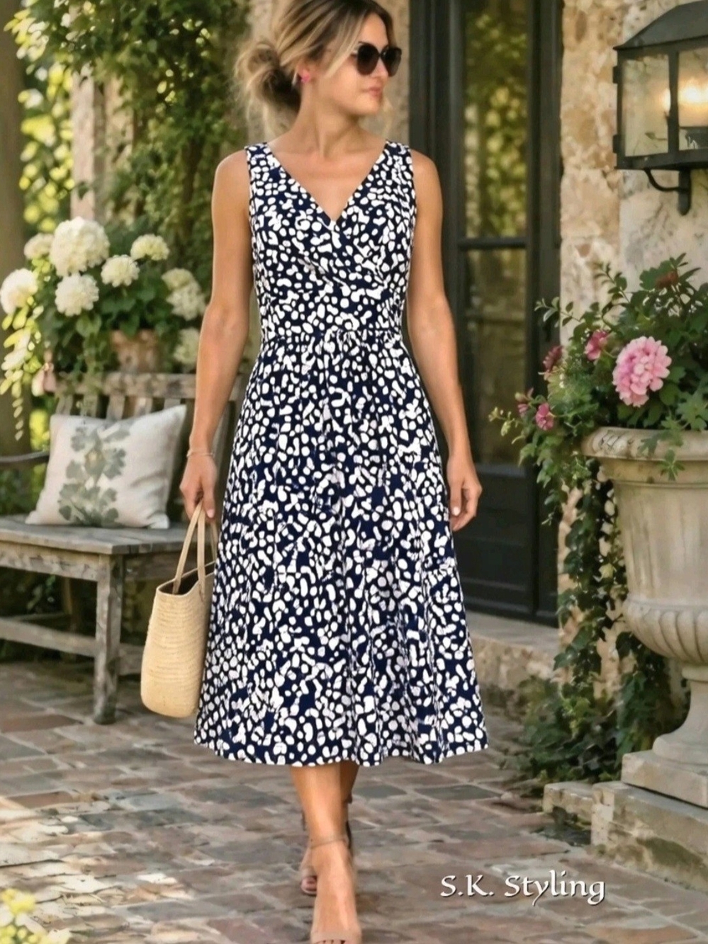 Chaps Sleeveless Faux Wrap Dress Blue & White Polka Dot Fit & Flare size L Large